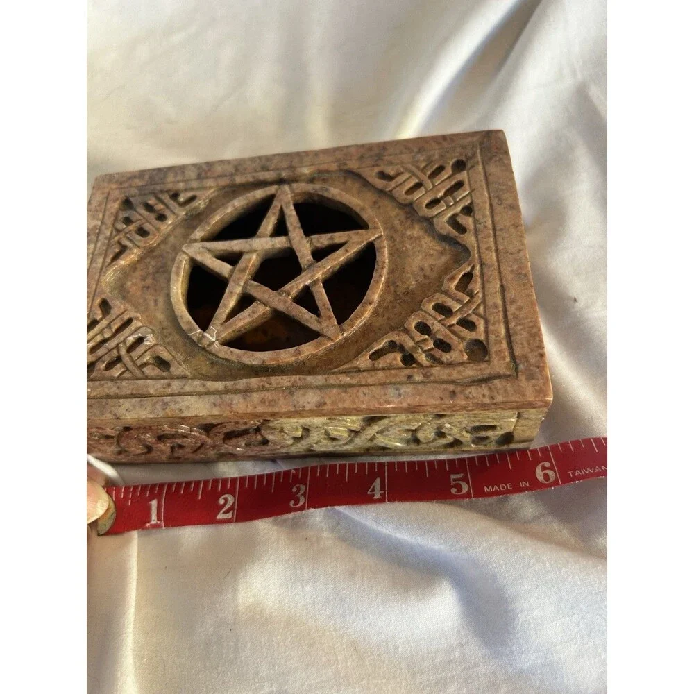 Pentagram Hand Carved Soap Stone Trinket Alter Box wiccan Celtic Marble
